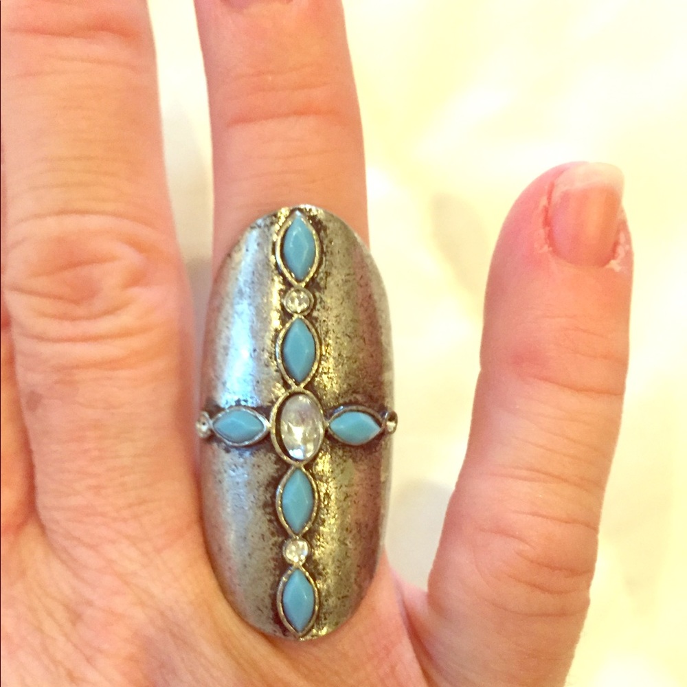 Funky silver cross ring with gems